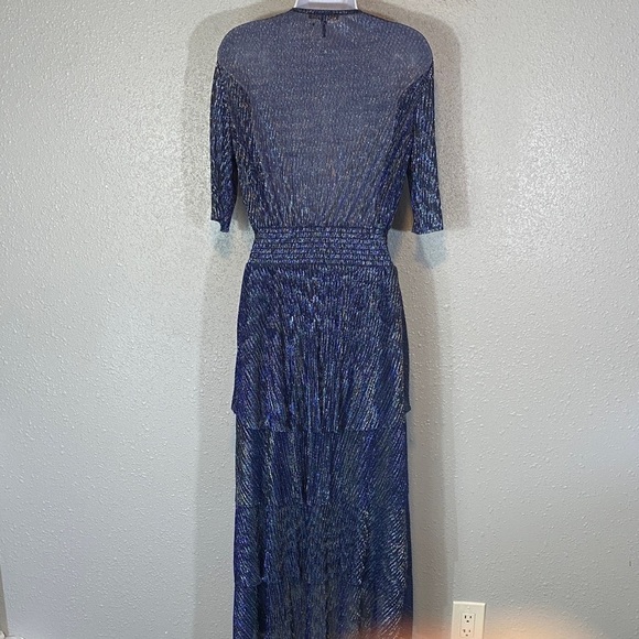 Maje Metallic Blues/Black & Silver Tiered V-Neck Midi Dress - Picture 9 of 10